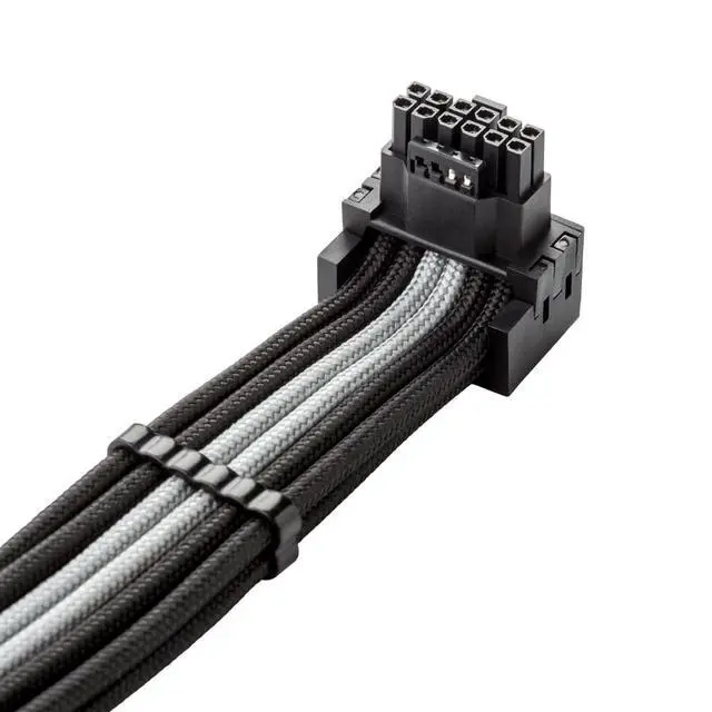 Alt view image 2 of 4 - E-Series Pro ModFlex Sleeved 12V-2x6 12VHPWR 90° StealthSense PCIe Cable for EVGA G/G+ / P/P+ / T - Variant A (Black + Silver, 16-pin to Dual 8-pin, 60cm)