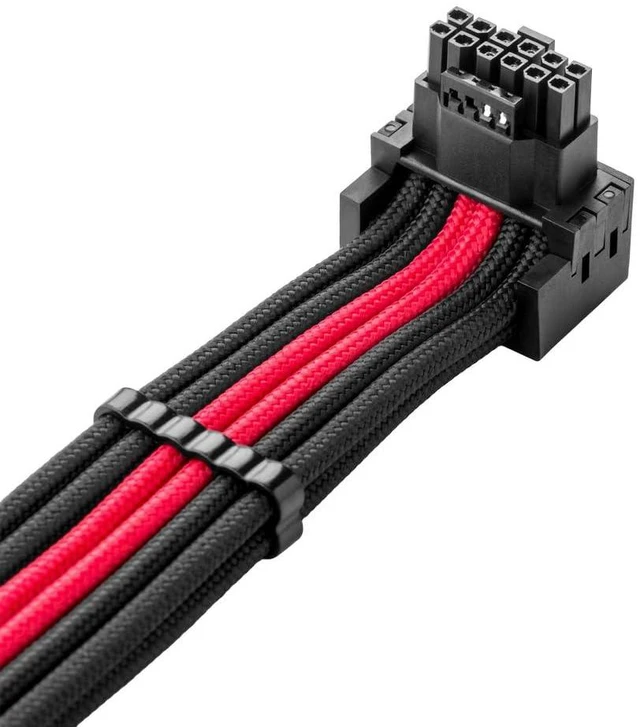 Alt view image 2 of 4 - Pro ModFlex Sleeved 12V-2x6 PCIe Cable for EVGA(Blk+Red,4x8p,90°A) | Paracord E-Series. 16-pin to Quad 8-pin, 60cm. 12V-2x6 StealthSense connector. Fits EVGA, Super Flower PSUs.