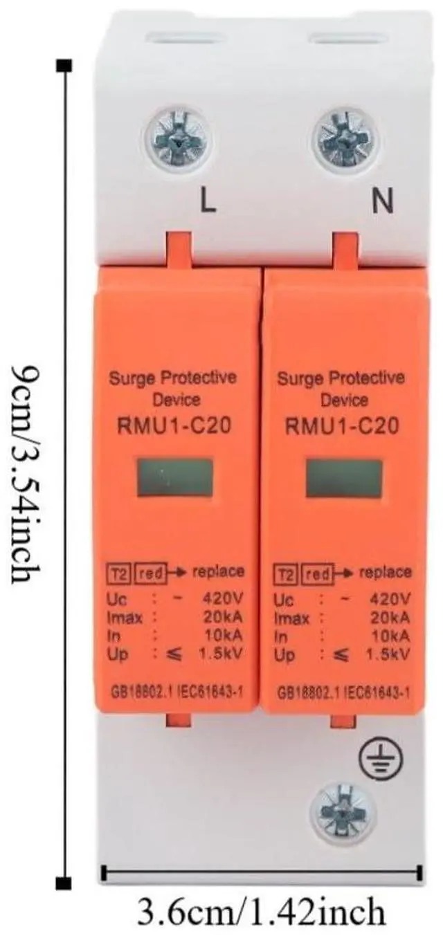 Alt view image 3 of 7 - 2Pcs 2P DIN Rail Thunder Protector 420V SPD Arrester Protective Device Maximum C20/40/60KA for Home Circuit Breaker with Visual Indicator(20KA)