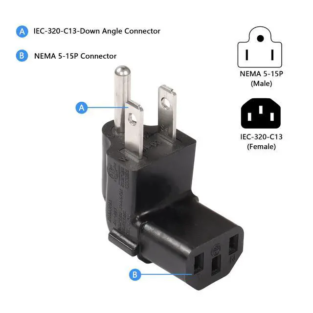 Alt view image 2 of 5 - 90 Degree 3 Prong Power Adapter, Up Angle 3 Prong NEMA 5-15P to IEC 320 C13 Female 16A / 125V Computer Power Adapter(2-Pack)