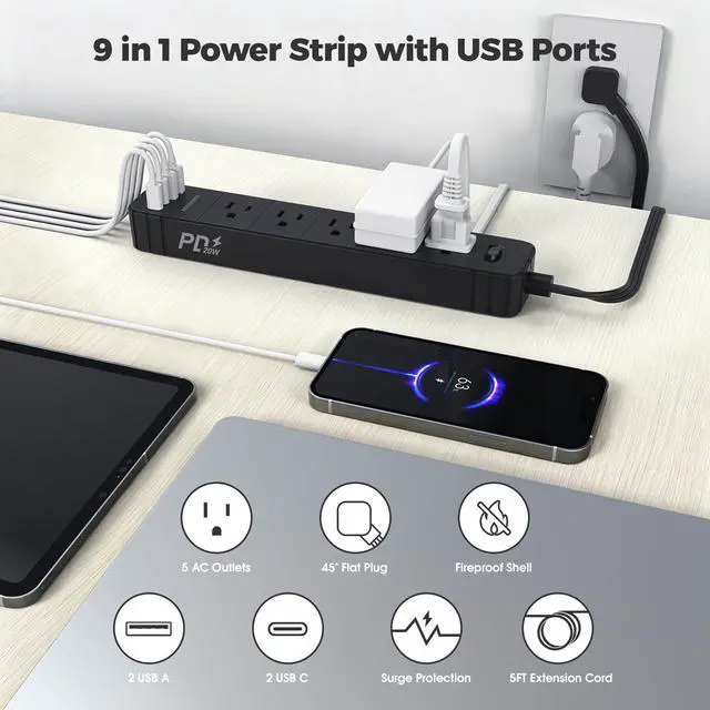 Alt view image 2 of 6 - Flat Plug Power Strip, Surge Protector with 5 AC & 4 USB Ports (PD20W) | 2 USB A & 2 USB C, 5FT Low-Profile Extension Cord, Wall Mount Desktop Charging Station for Home Office Dorm, Black