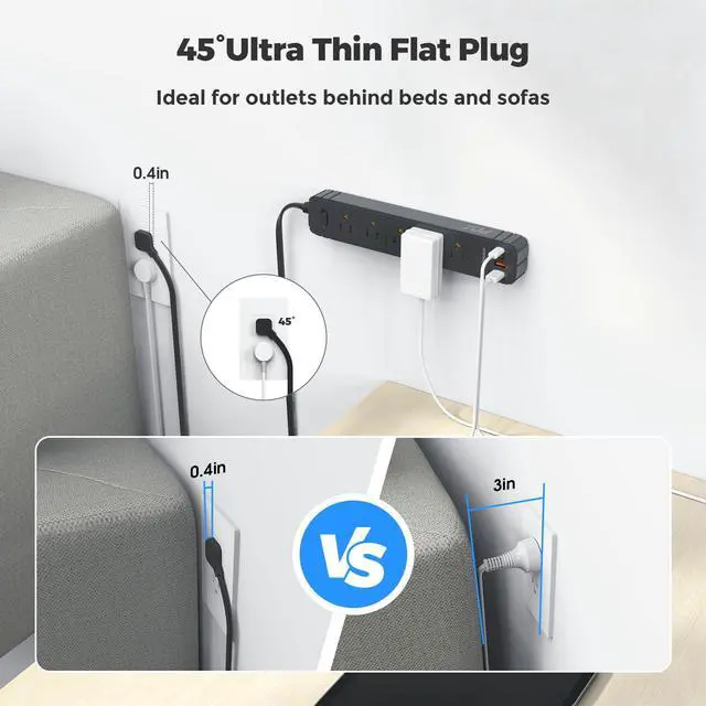 Alt view image 3 of 6 - Flat Plug Power Strip, Surge Protector with 5 AC & 4 USB Ports (PD20W) | 2 USB A & 2 USB C, 5FT Low-Profile Extension Cord, Wall Mount Desktop Charging Station for Home Office Dorm, Black