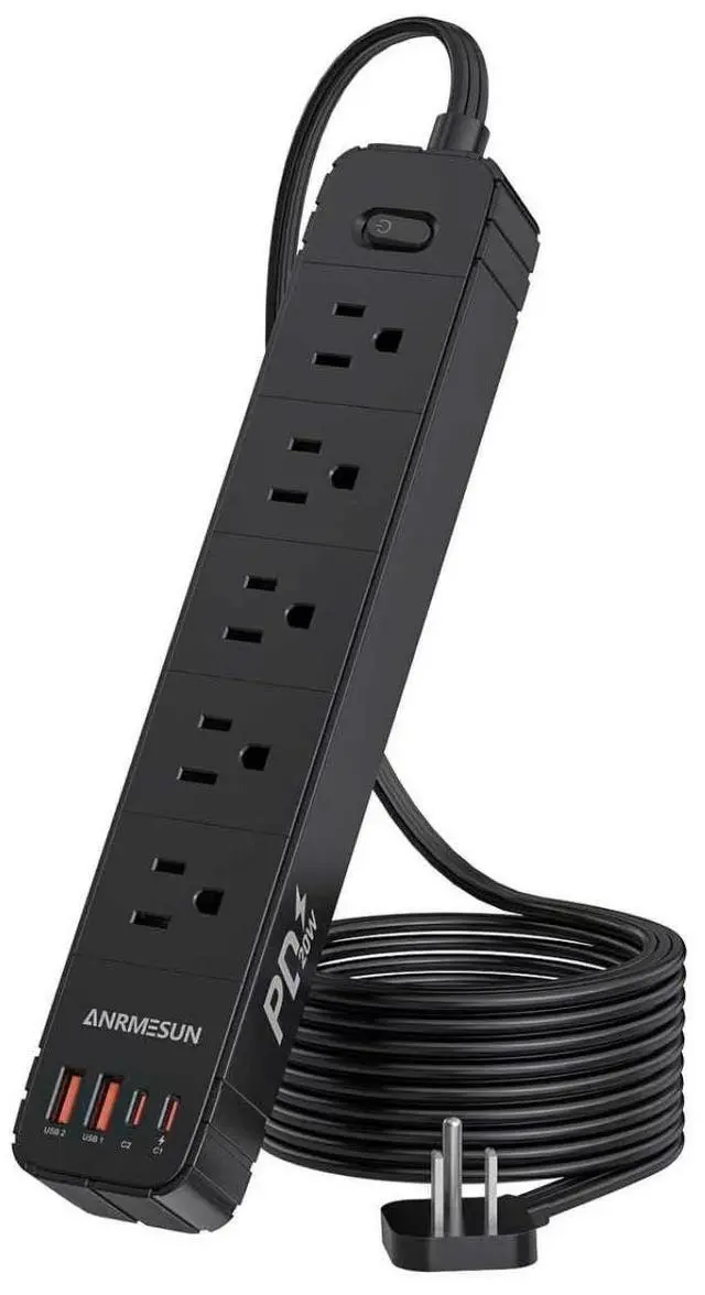 Main image of Flat Plug Power Strip, Surge Protector with 5 AC & 4 USB Ports (PD20W) | 2 USB A & 2 USB C, 5FT Low-Profile Extension Cord, Wall Mount Desktop Charging Station for Home Office Dorm, Black
