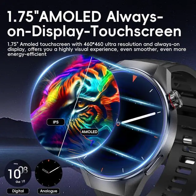 Alt view image 2 of 6 - Military Tactical Smart Watch for Men,1.75" Large Crystal Clear HD AMOLED Touchscreen Smartwatches for Android iOS,Fitness Tracker with 120+Sport Modes/Heart Rate/Sleep Monitor (Silver)