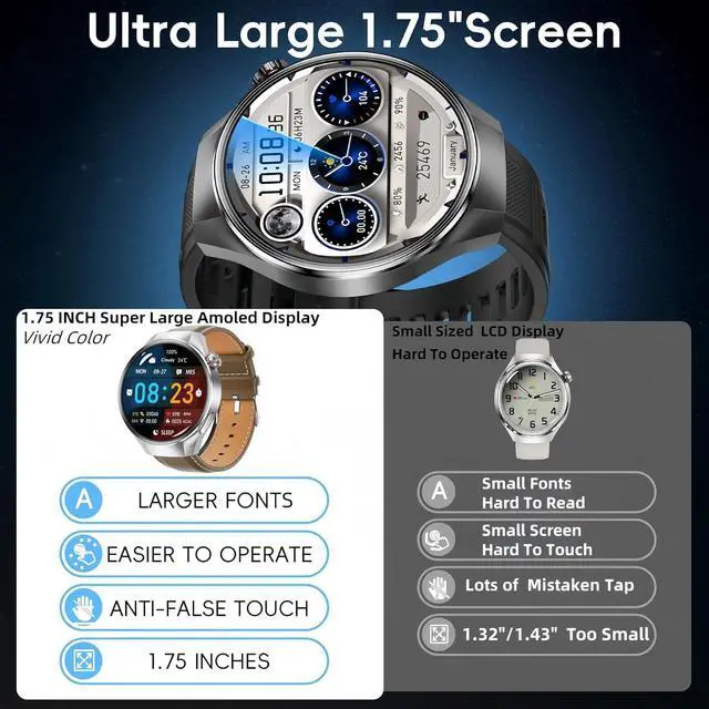 Alt view image 6 of 6 - Military Tactical Smart Watch for Men,1.75" Large Crystal Clear HD AMOLED Touchscreen Smartwatches for Android iOS,Fitness Tracker with 120+Sport Modes/Heart Rate/Sleep Monitor (Silver)