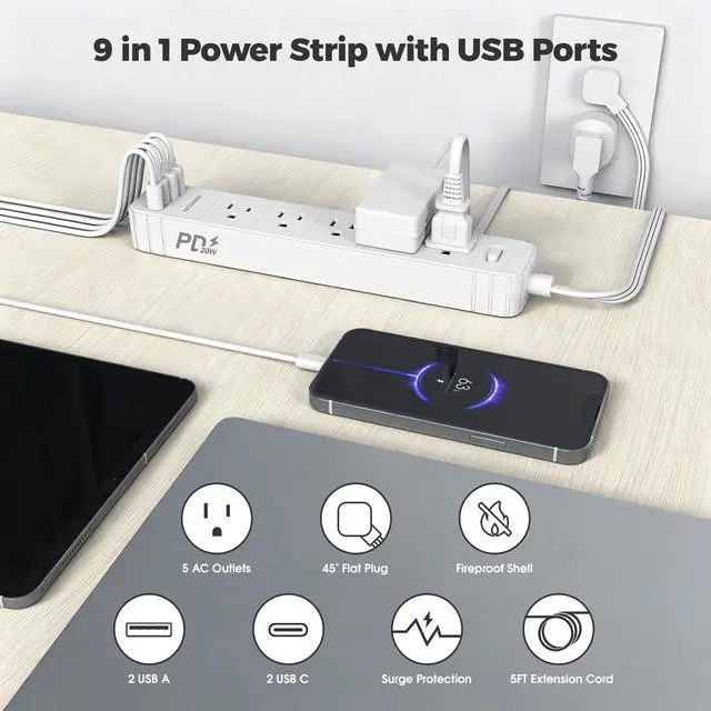 Alt view image 2 of 6 - Flat Plug Power Strip, Surge Protector with 5 AC & 4 USB Ports (PD20W) | 2 USB A & 2 USB C, 5FT Low-Profile Extension Cord, Wall Mount Desktop Charging Station for Home Office Dorm, White