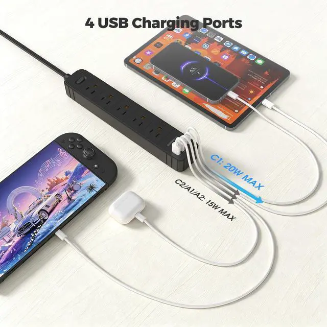 Alt view image 5 of 6 - Flat Plug Power Strip, Surge Protector with 5 AC & 4 USB Ports (PD20W) | 2 USB A & 2 USB C, 5FT Low-Profile Extension Cord, Wall Mount Desktop Charging Station for Home Office Dorm, Black