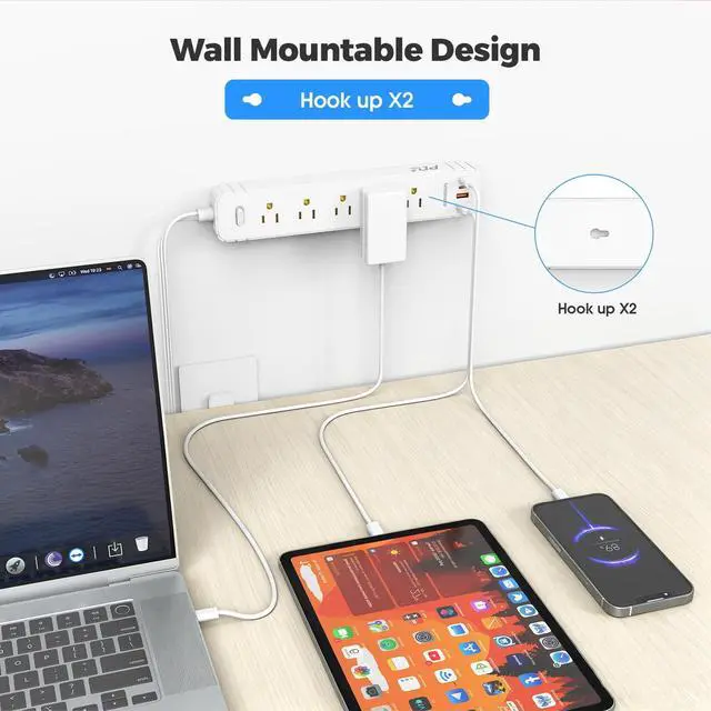 Alt view image 6 of 6 - Flat Plug Power Strip, Surge Protector with 5 AC & 4 USB Ports (PD20W) | 2 USB A & 2 USB C, 5FT Low-Profile Extension Cord, Wall Mount Desktop Charging Station for Home Office Dorm, White