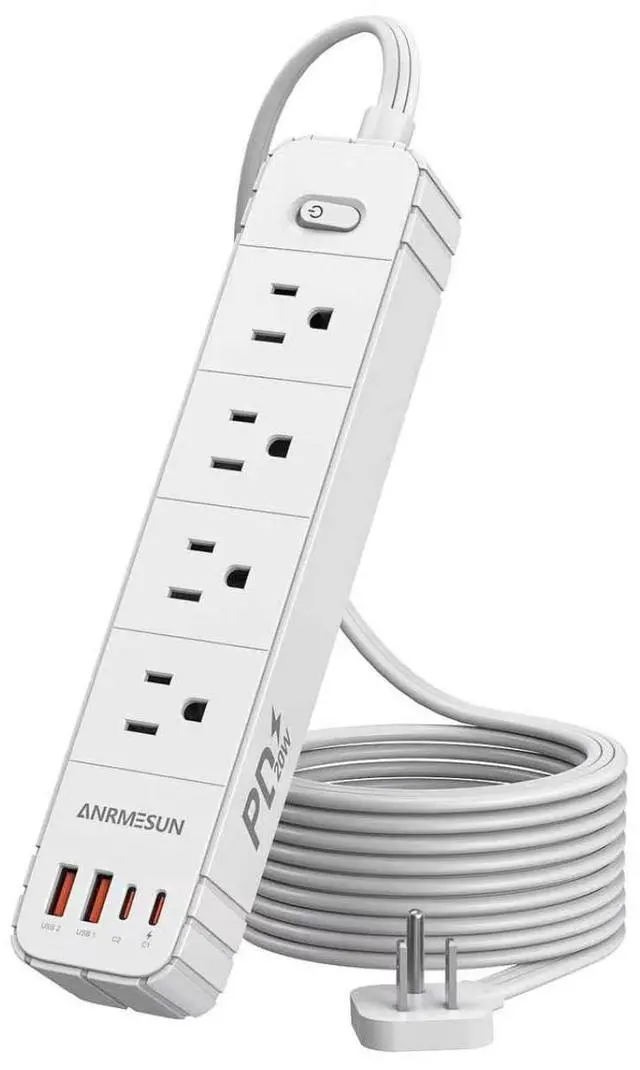 Main image of Flat Plug Power Strip, Surge Protector with 4 AC & 4 USB Ports (PD20W) | 2 USB A & 2 USB C, 5FT Low-Profile Extension Cord, Wall Mount Desktop Charging Station for Home Office Dorm, White
