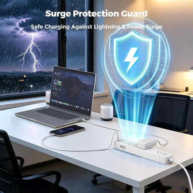Alt view image 4 of 6 - Flat Plug Power Strip, Surge Protector with 5 AC & 4 USB Ports (PD20W) | 2 USB A & 2 USB C, 5FT Low-Profile Extension Cord, Wall Mount Desktop Charging Station for Home Office Dorm, White