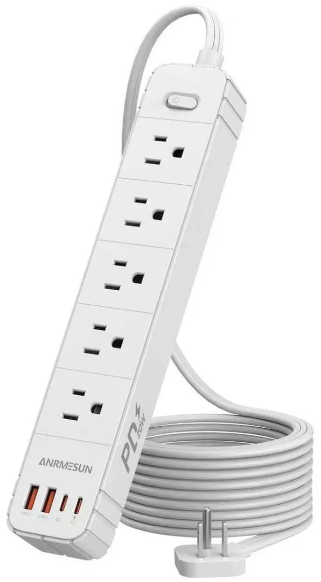 Main image of Flat Plug Power Strip, Surge Protector with 5 AC & 4 USB Ports (PD20W) | 2 USB A & 2 USB C, 5FT Low-Profile Extension Cord, Wall Mount Desktop Charging Station for Home Office Dorm, White