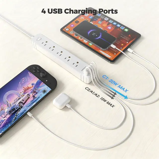 Alt view image 5 of 6 - Flat Plug Power Strip, Surge Protector with 5 AC & 4 USB Ports (PD20W) | 2 USB A & 2 USB C, 5FT Low-Profile Extension Cord, Wall Mount Desktop Charging Station for Home Office Dorm, White