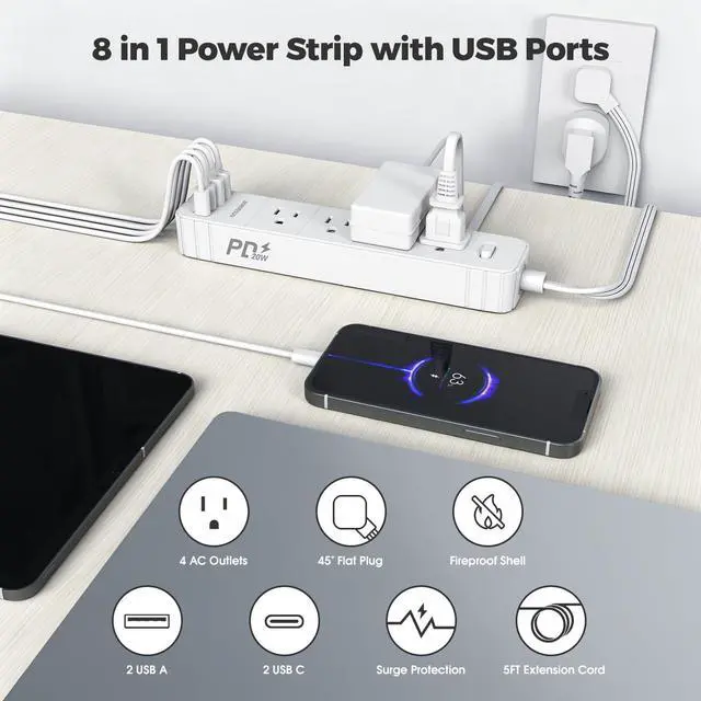 Alt view image 2 of 6 - Flat Plug Power Strip, Surge Protector with 4 AC & 4 USB Ports (PD20W) | 2 USB A & 2 USB C, 5FT Low-Profile Extension Cord, Wall Mount Desktop Charging Station for Home Office Dorm, White