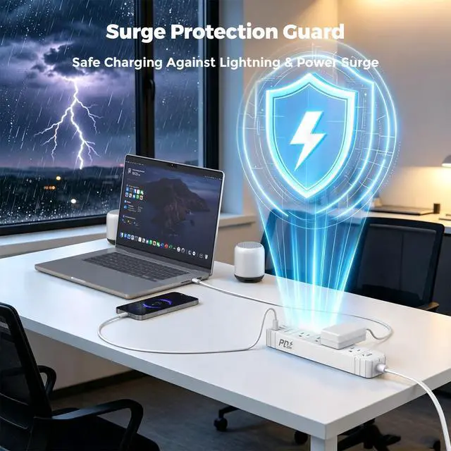 Alt view image 4 of 6 - Flat Plug Power Strip, Surge Protector with 4 AC & 4 USB Ports (PD20W) | 2 USB A & 2 USB C, 5FT Low-Profile Extension Cord, Wall Mount Desktop Charging Station for Home Office Dorm, White