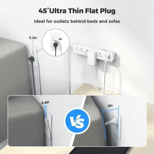Alt view image 3 of 6 - Flat Plug Power Strip, Surge Protector with 4 AC & 4 USB Ports (PD20W) | 2 USB A & 2 USB C, 5FT Low-Profile Extension Cord, Wall Mount Desktop Charging Station for Home Office Dorm, White