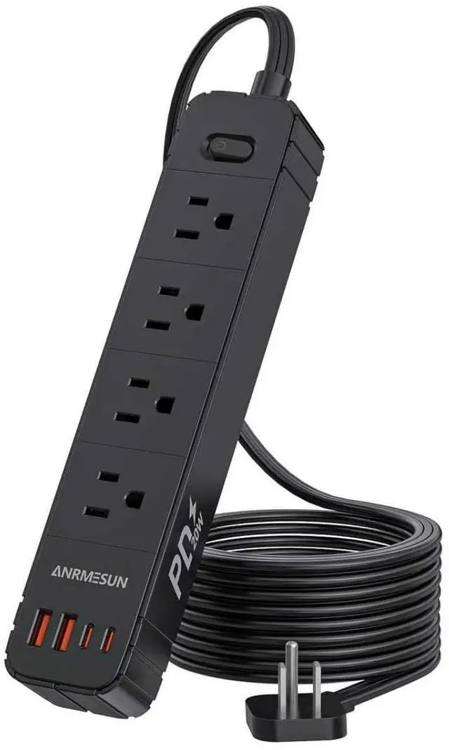 Main image of Flat Plug Power Strip, Surge Protector with 4 AC & 4 USB Ports (PD20W) | 2 USB A & 2 USB C, 5FT Low-Profile Extension Cord, Wall Mount Desktop Charging Station for Home Office Dorm, Black