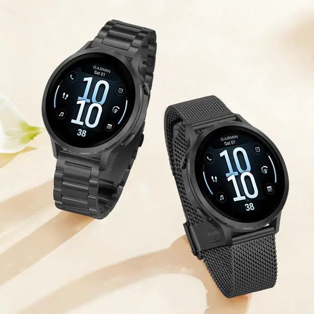 Alt view image 5 of 7 - Band Sets for Venu 3S / Venu 4 41mm Women Smart Watch, 2 Pack Solid Stainless Steel Metal + Mesh Strap for Garmin Venu 2S / Forerunner 265S