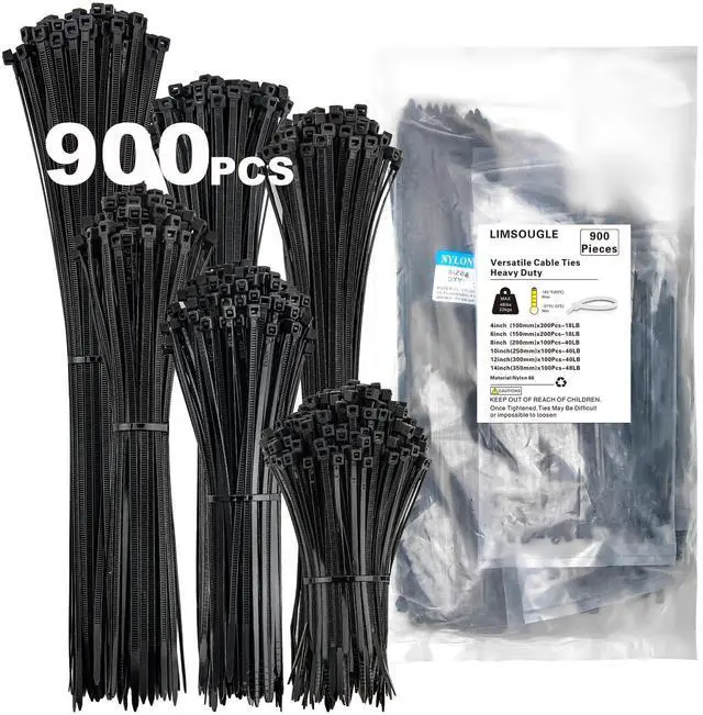 Main image of Zip Ties Assorted Sizes(14+12+10+8+6+4 Inch), 900 Pcs Black zip Ties for Home, Office, Garden, Workshop, Multi-Purpose Wire Management Cable Tie Wraps by