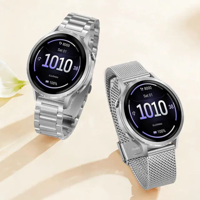 Alt view image 5 of 7 - Band Sets for Venu 3S / Venu 4 41mm Women Smart Watch, 2 Pack Solid Stainless Steel Metal + Mesh Strap for Garmin Venu 2S / Forerunner 265S