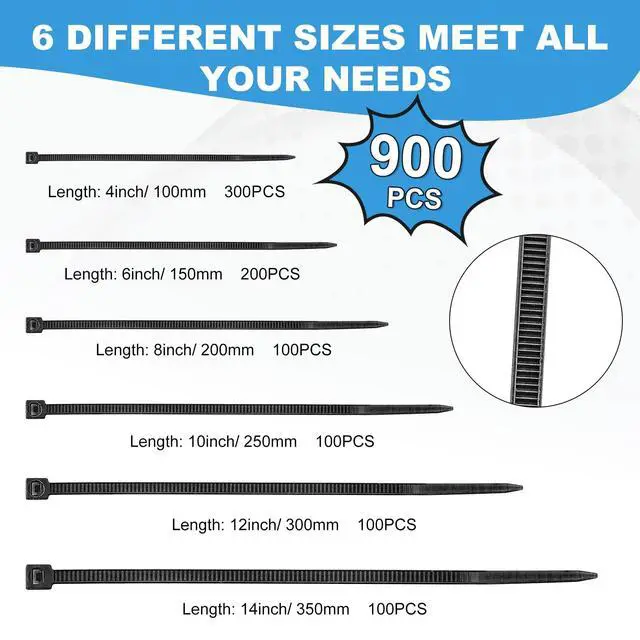 Alt view image 2 of 7 - Zip Ties Assorted Sizes(14+12+10+8+6+4 Inch), 900 Pcs Black zip Ties for Home, Office, Garden, Workshop, Multi-Purpose Wire Management Cable Tie Wraps by