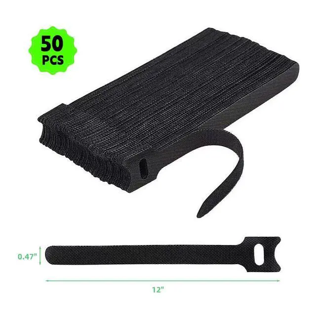 Alt view image 2 of 6 - Reusable Cable Ties with Hook and Loop, 50 Pack 12 Inch Heavy Duty Black Straps for Wire Management, Cord Organization for Home Office, Garage, Data Centers