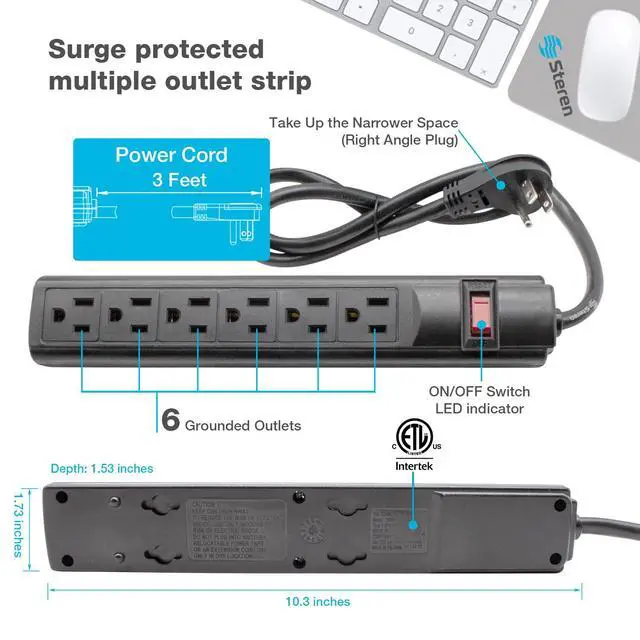 Alt view image 2 of 6 - 6-Outlet Power Strip with 3ft Cord, Right Angle, 90 Degree, Black