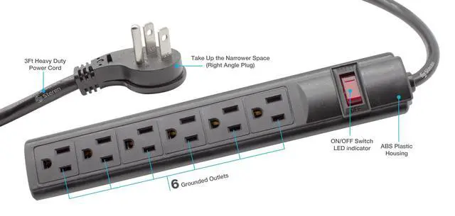 Alt view image 3 of 6 - 6-Outlet Power Strip with 3ft Cord, Right Angle, 90 Degree, Black