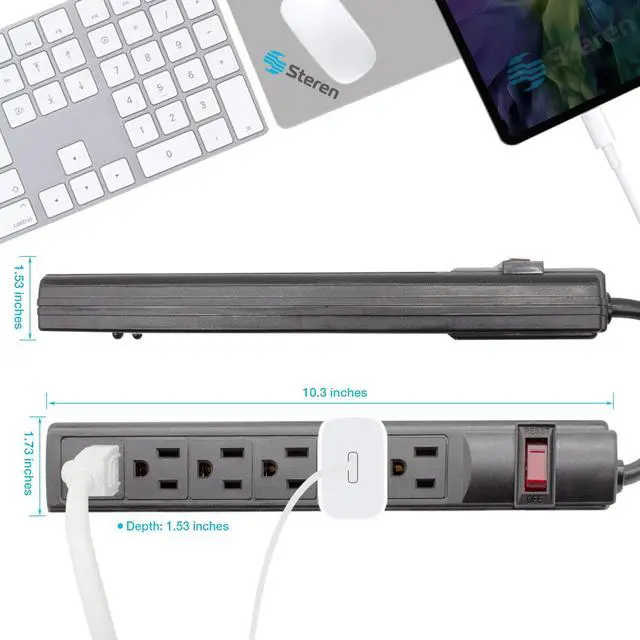 Alt view image 6 of 6 - 6-Outlet Power Strip with 3ft Cord, Right Angle, 90 Degree, Black