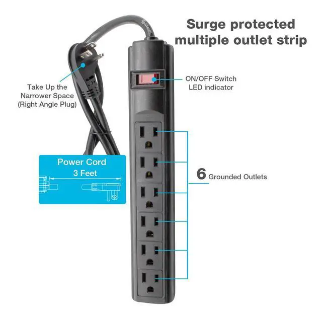 Alt view image 5 of 6 - 6-Outlet Power Strip with 3ft Cord, Right Angle, 90 Degree, Black