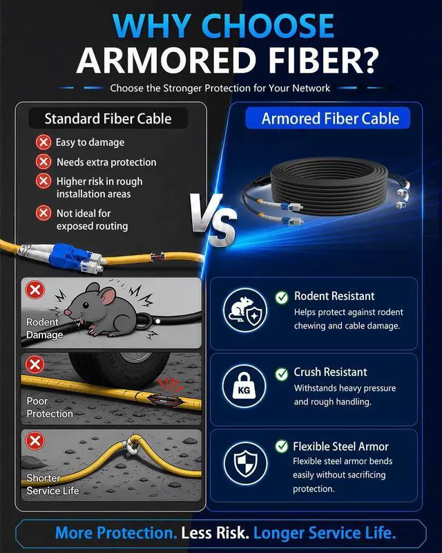 Alt view image 4 of 7 - 100FT / 30M Outdoor Armored 2 Fibers Breakout Fiber Optic Cable, 2 Strand LC to LC Simplex, OS1/OS2 9/125m Single Mode SMF 100Gb, Stainless Steel Armor, LSZH Jacket, FTTA, Data Center, Direct Burial