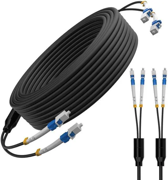 Main image of 100FT / 30M Outdoor Armored 2 Fibers Breakout Fiber Optic Cable, 2 Strand LC to LC Simplex, OS1/OS2 9/125m Single Mode SMF 100Gb, Stainless Steel Armor, LSZH Jacket, FTTA, Data Center, Direct Burial