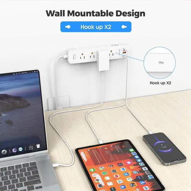 Alt view image 6 of 6 - Flat Plug Power Strip, Surge Protector with 4 AC & 4 USB Ports (PD20W) | 2 USB A & 2 USB C, 5FT Low-Profile Extension Cord, Wall Mount Desktop Charging Station for Home Office Dorm, White