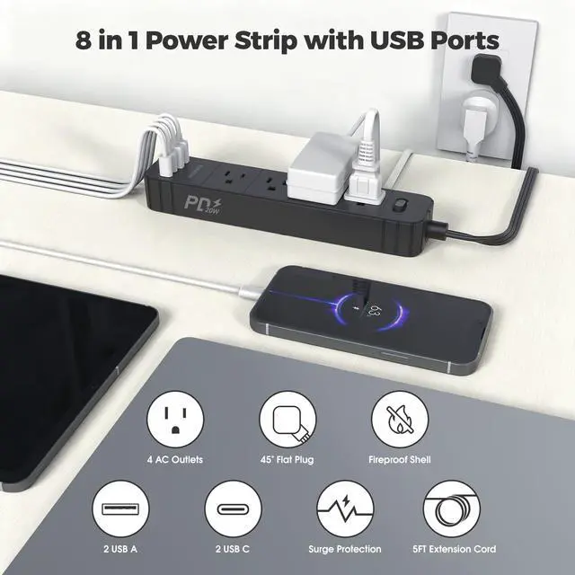 Alt view image 2 of 6 - Flat Plug Power Strip, Surge Protector with 4 AC & 4 USB Ports (PD20W) | 2 USB A & 2 USB C, 5FT Low-Profile Extension Cord, Wall Mount Desktop Charging Station for Home Office Dorm, Black