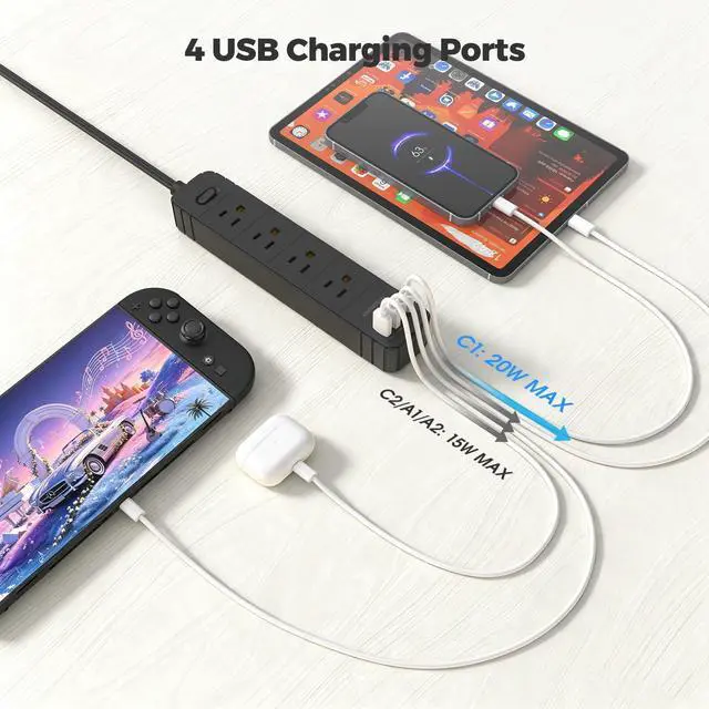 Alt view image 5 of 6 - Flat Plug Power Strip, Surge Protector with 4 AC & 4 USB Ports (PD20W) | 2 USB A & 2 USB C, 5FT Low-Profile Extension Cord, Wall Mount Desktop Charging Station for Home Office Dorm, Black