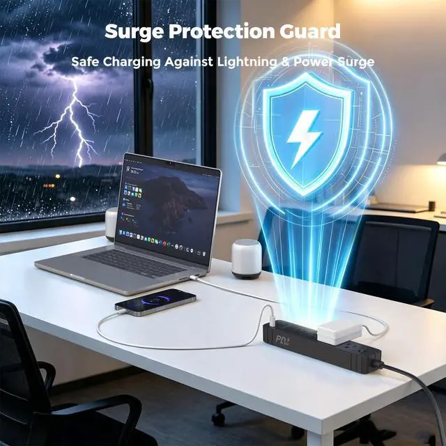 Alt view image 4 of 6 - Flat Plug Power Strip, Surge Protector with 4 AC & 4 USB Ports (PD20W) | 2 USB A & 2 USB C, 5FT Low-Profile Extension Cord, Wall Mount Desktop Charging Station for Home Office Dorm, Black