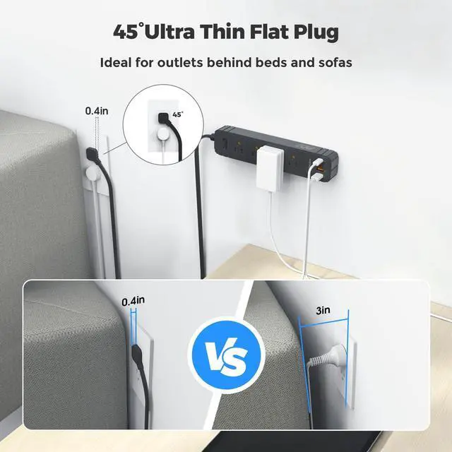 Alt view image 3 of 6 - Flat Plug Power Strip, Surge Protector with 4 AC & 4 USB Ports (PD20W) | 2 USB A & 2 USB C, 5FT Low-Profile Extension Cord, Wall Mount Desktop Charging Station for Home Office Dorm, Black