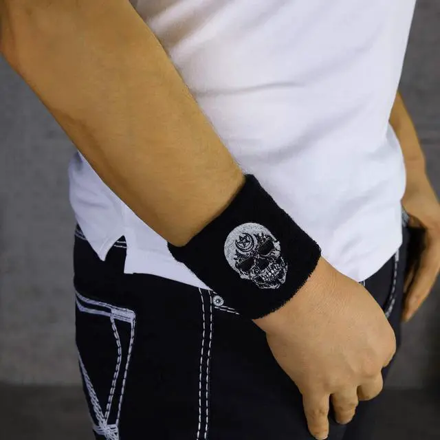 Alt view image 5 of 6 - Outdoor Sweat Band for Wrist- Embroidered Heavy Metal Sweat Absorbent Wrist Band - Terrycloth Black Arm Band for Sport (Heavy Metal - Schweißband)