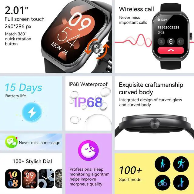 Alt view image 3 of 6 - Smart Watches for Men(Answer/Make Call), 2.01" Curved Screen HD Fitness Tracker Watch with Blood Pressure/Heart Rate Monitor, SpO2, Fitness Watch for Men, Smart Watch for Android/iOS Phones (Black)