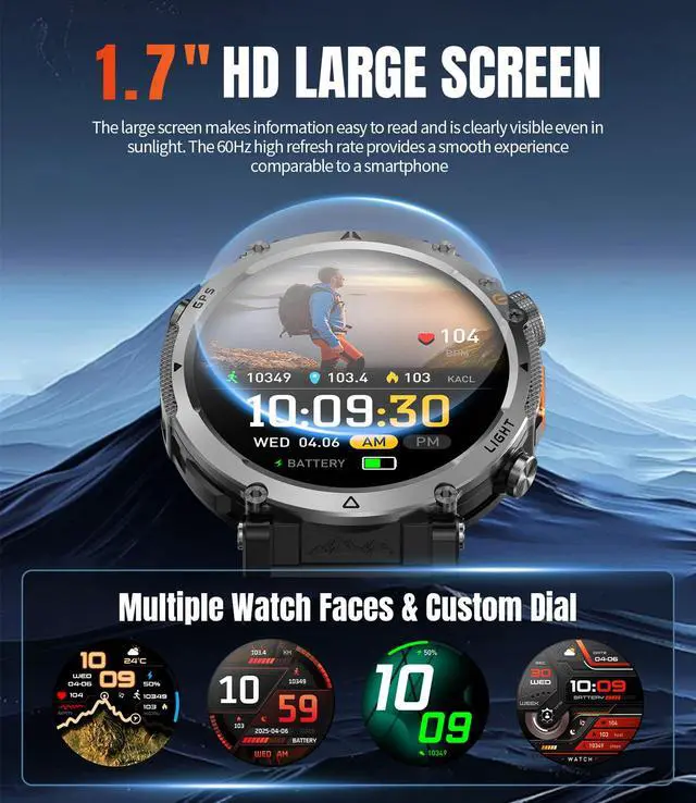 Alt view image 2 of 7 - Military Smartwatch for Men with GPS, 850nAh, 1.7-Inch HD Outdoor Watch | 3ATM Waterproof, Answer/Make Call, with LED Flashlight / 100+ Sports Modes / Fitness Tracker, Compatible with Android & iOS