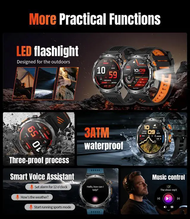 Alt view image 4 of 7 - Military Smartwatch for Men with GPS, 850nAh, 1.7-Inch HD Outdoor Watch | 3ATM Waterproof, Answer/Make Call, with LED Flashlight / 100+ Sports Modes / Fitness Tracker, Compatible with Android & iOS