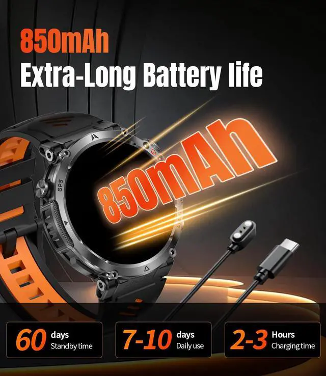 Alt view image 6 of 7 - Military Smartwatch for Men with GPS, 850nAh, 1.7-Inch HD Outdoor Watch | 3ATM Waterproof, Answer/Make Call, with LED Flashlight / 100+ Sports Modes / Fitness Tracker, Compatible with Android & iOS
