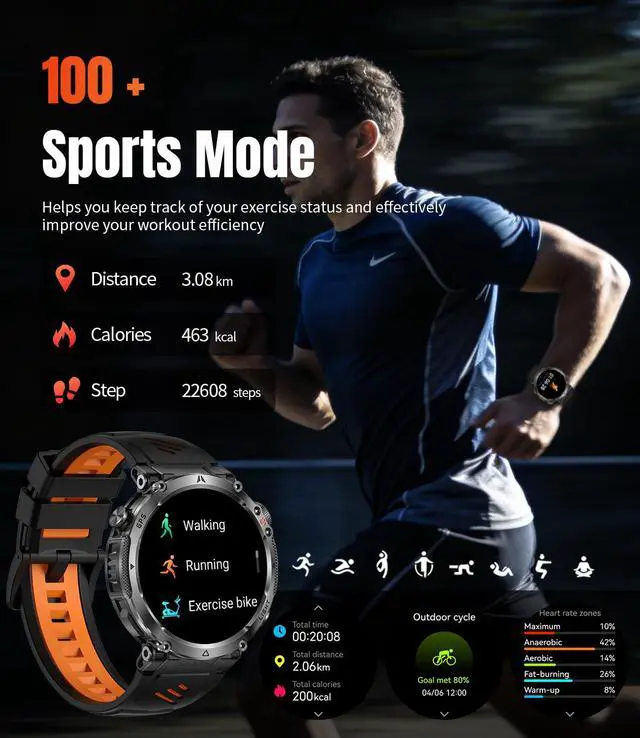 Alt view image 7 of 7 - Military Smartwatch for Men with GPS, 850nAh, 1.7-Inch HD Outdoor Watch | 3ATM Waterproof, Answer/Make Call, with LED Flashlight / 100+ Sports Modes / Fitness Tracker, Compatible with Android & iOS