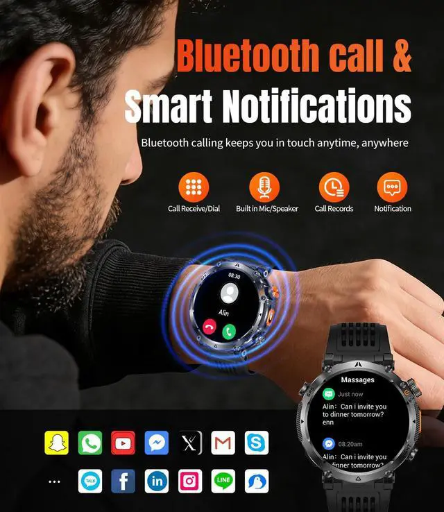 Alt view image 3 of 7 - Military Smartwatch for Men with GPS, 850nAh, 1.7-Inch HD Outdoor Watch | 3ATM Waterproof, Answer/Make Call, with LED Flashlight / 100+ Sports Modes / Fitness Tracker, Compatible with Android & iOS