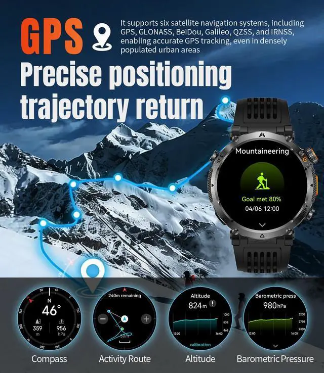 Alt view image 5 of 7 - Military Smartwatch for Men with GPS, 850nAh, 1.7-Inch HD Outdoor Watch | 3ATM Waterproof, Answer/Make Call, with LED Flashlight / 100+ Sports Modes / Fitness Tracker, Compatible with Android & iOS