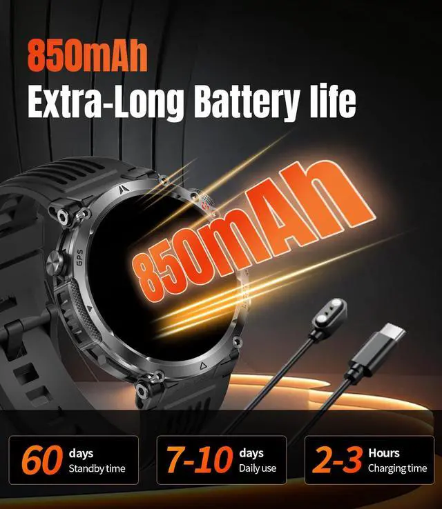 Alt view image 6 of 7 - Military Smartwatch for Men with GPS, 850nAh, 1.7-Inch HD Outdoor Watch | 3ATM Waterproof, Answer/Make Call, with LED Flashlight / 100+ Sports Modes / Fitness Tracker, Compatible with Android & iOS
