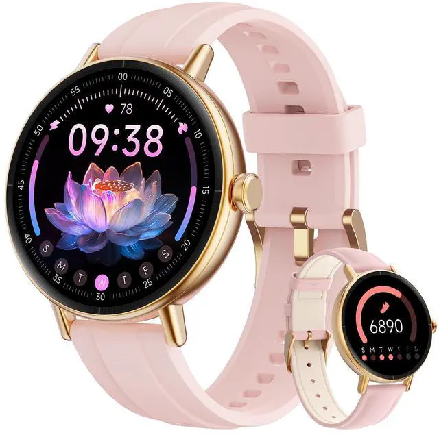 Main image of Smart Watch for Women, 40mm HD Fitness Tracker, Answer & Make Call | for iPhone/Android/Samsung, Heart Rate/SpO2/Stress/Sleep Monitor, 7 Day Battery, 110+ Sports Modes, 2 Band, IP68, Pink