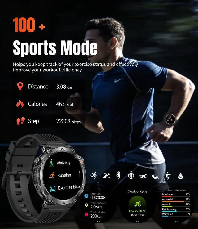 Alt view image 7 of 7 - Military Smartwatch for Men with GPS, 850nAh, 1.7-Inch HD Outdoor Watch | 3ATM Waterproof, Answer/Make Call, with LED Flashlight / 100+ Sports Modes / Fitness Tracker, Compatible with Android & iOS