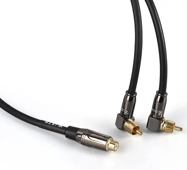 Main image of Right Angle 2-Male to Straight 1-Female RCA Audio Stereo Subwoofer Cable Speaker Y Adapter Male to Female Subwoofer Extension Cord 2 Pack (3FT)