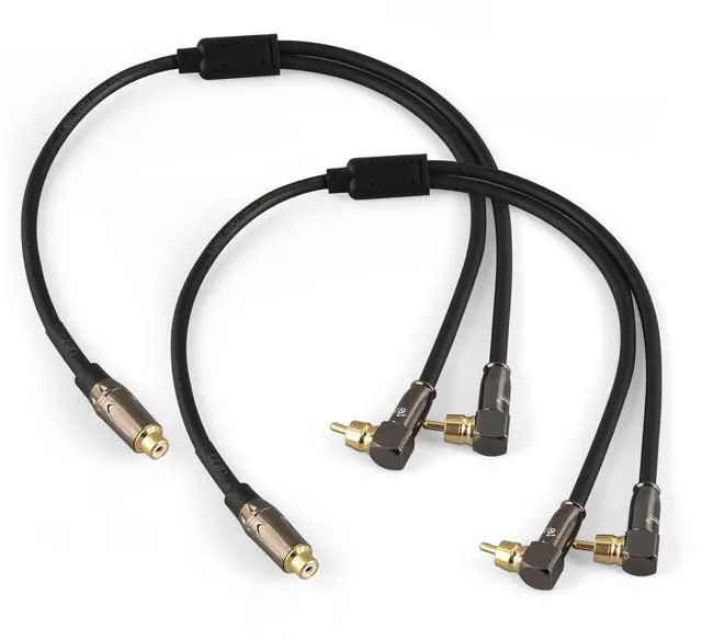 Alt view image 2 of 5 - Right Angle 2-Male to Straight 1-Female RCA Audio Stereo Subwoofer Cable Speaker Y Adapter Male to Female Subwoofer Extension Cord 2 Pack (3FT)
