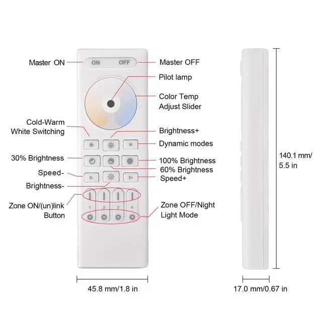 Alt view image 2 of 6 - CCT Dual White RC02RF RF Remote 2.4G 4-Zone for CCT LED Strip Controller | Touch Remote Panel Supports Dual White CCT Adjustment CCT LED Strip Controller Work with WB5 LM052 LM053 C02W C02Z C02RF